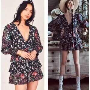 LoveShackFancy Black Floral Paris Ruffle Tiered Long Puff Sleeve Mini Dress 4